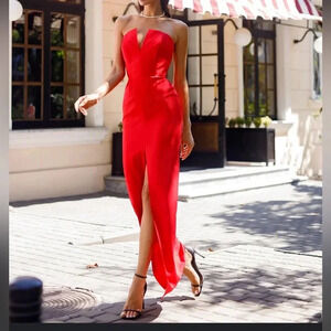 Boutique Scobe Red Strapless Plunge Neck Front Slit midi dress size L